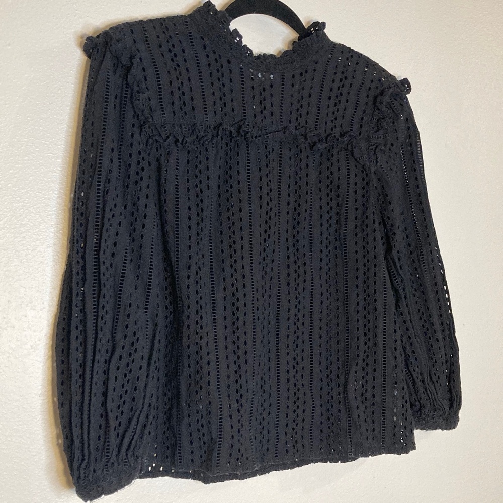 madewell cotton floral eyelet ruffle neck tie peasant blouse